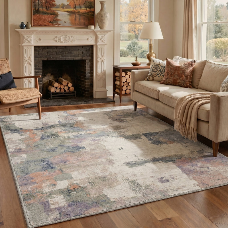 Tapis ivoire / rose lavable à la machine avec envers antidérapant, Rectangle 6' x 9'