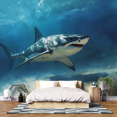 Papier peint sous-marin avec requins - Scène océanique réaliste avec requin féroce, Exploration des grands fonds, décor de vie marine 