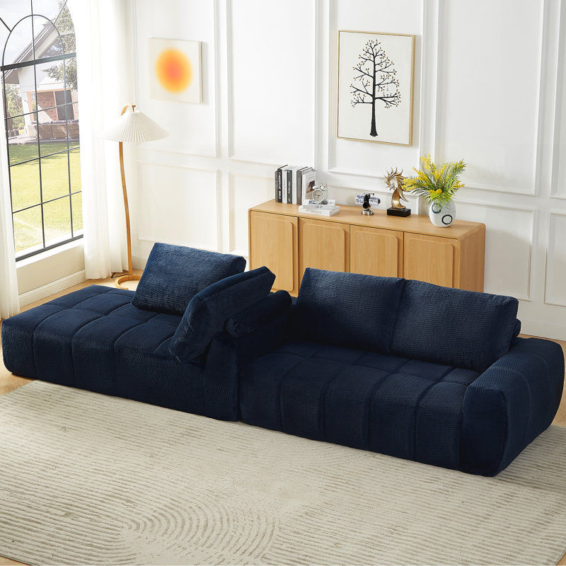 Canapé modulaire de luxe en fausse fourrure en L surdimensionné au design minimaliste, canapé-lit confortable pour le salon, les appartements et les espaces de réception, bleu foncé, 4 sièges, tissu doux pour la peau, surface, poche en éponge