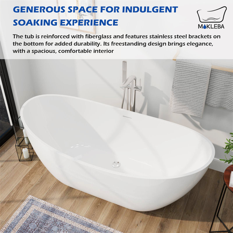 62" x 28" Freestanding Acrylic Oval Bathtub, Double Slipper Design with Chrome Drain & Overflow, Spa-Inspired Luxury for Modern Bathrooms