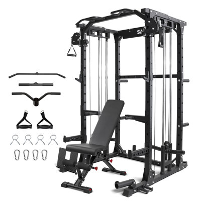 Support à squats multifonctionnel avec système de croisement de câbles réglable pour l'entraînement en force, cage électrique avec barre de traction LAT, barre de traction, barres de trempage, banc de musculation et accessoires d'entraînement