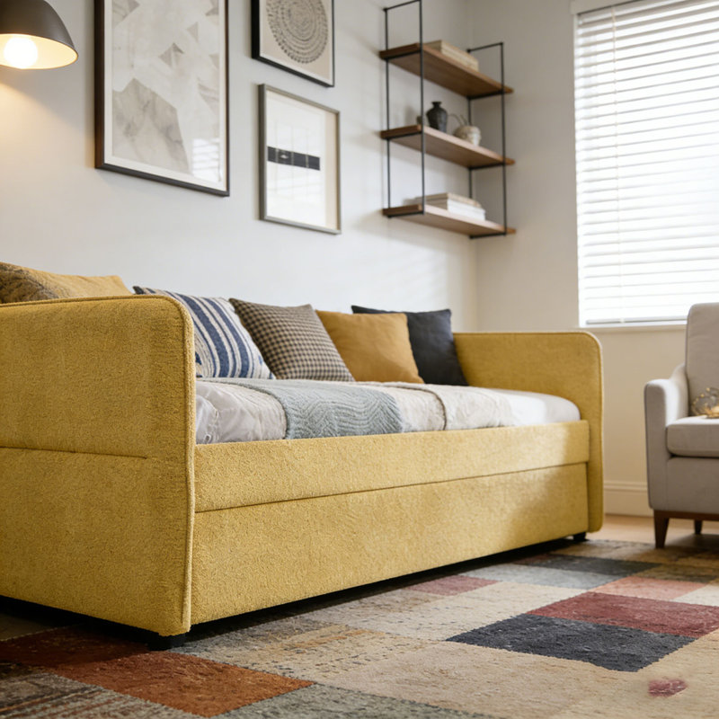 Boucle Fabric Daybed, Twin1, Yellow-Pop-up-Trundle