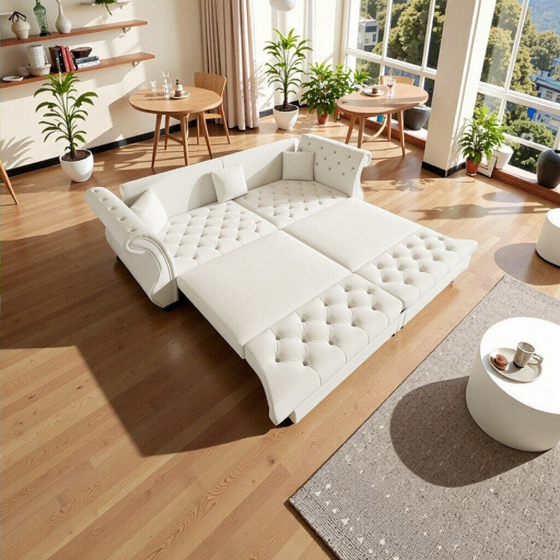 Canapé-lit 3 en 1 en velours Chesterfield, Beige
