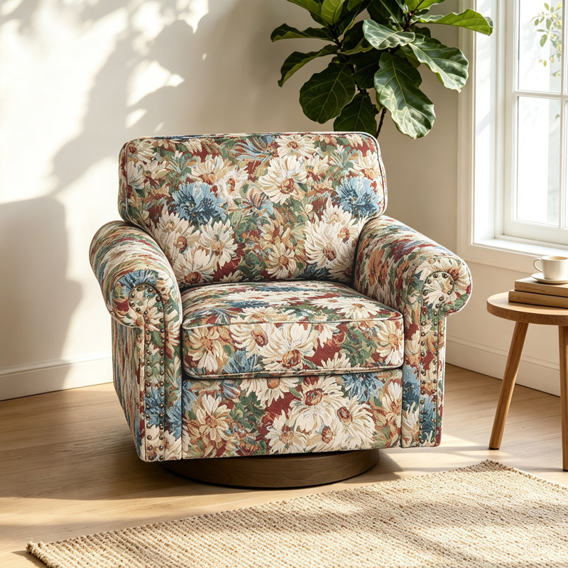 Fauteuil pivotant rembourré avec accoudoirs roulés et garniture cloutée, Fleurs orange