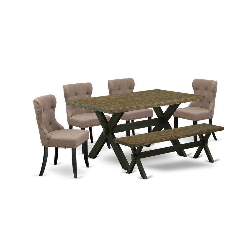 L'ensemble de salle à manger 6 pièces comprend une table de salle à manger rectangulaire avec des pieds en X et 4 chaises Parson en tissu de lin avec banc, finition noire brossée