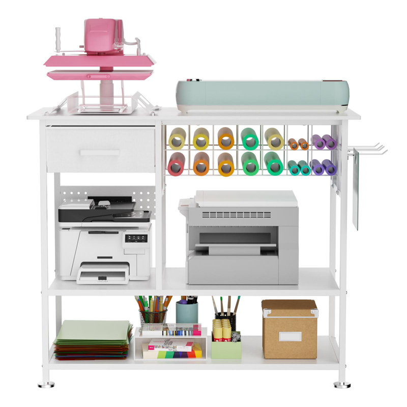 Extra Large Heat Press Workbench with Rolling Cart & Machine Stand, Heavy Duty Sublimation Table with Vinyl Storage Rack, Multi-Purpose Metal Workstation for T-Shirt, Hat, Mug & Tumbler Transfer Projects