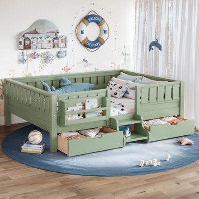 Lit double pour enfants avec escaliers, rails et lattes, lit double Montessori avec bibliothèque et 2 tiroirs de rangement, structure de lit Montessori facile à assembler, vert