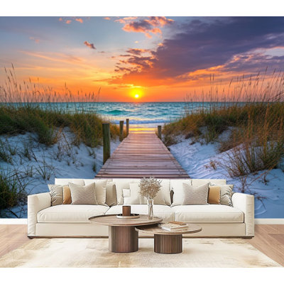 Papier peint adhésif à peler et coller, plage, paysage marin, coucher de soleil, nature, peintures murales en bois, H 69 po x l 96 po, papier peint amovible en PVC, adhésif pour chambre à coucher, bureau à domicile