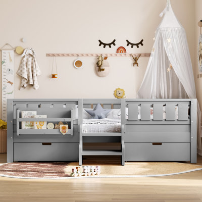 Full Kids Floor Bed with Stairs, Rails and Slats,Full Size Montessori Floor Bed with Bookshelf and 2 Storage Drawers,Easy Assemble Montessori Beds Frame,Gray
