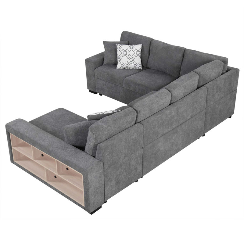 Canapé-lit modulaire en forme de U de 109 po avec deux ports USB, une méridienne de rangement et quatre coussins de dossier pour le salon, gris