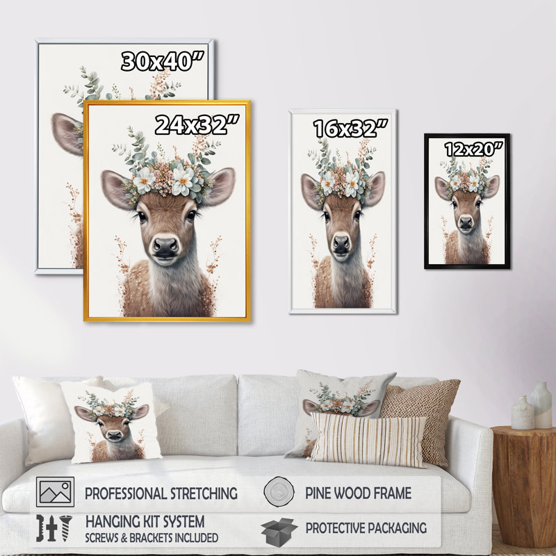«Cute Baby Bull with Floral Crown», cadre flottant, impression sur toile, H 32 po x l 24 po x P 1 po