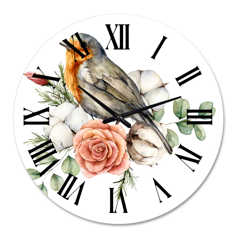 Robin des bois avec rose et feuilles de coton - Horloge murale traditionnelle, Moyenne