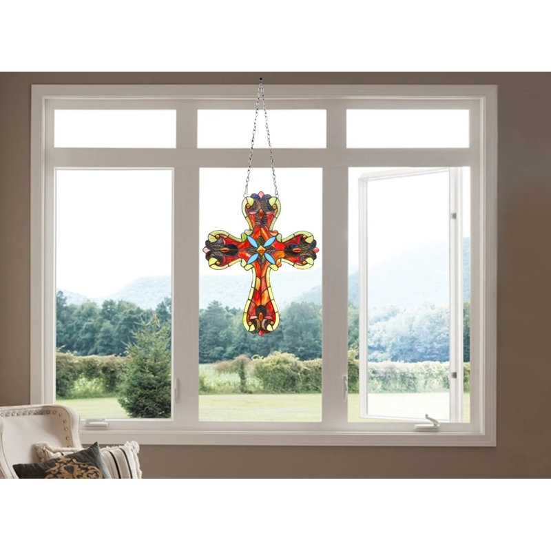 Tiffany Style Stained Glass Window Panel Cross Design 20"H