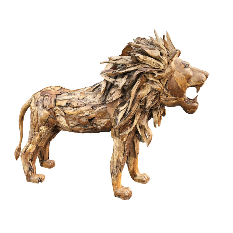 Majestic Driftwood Teak Lion Garden Statue