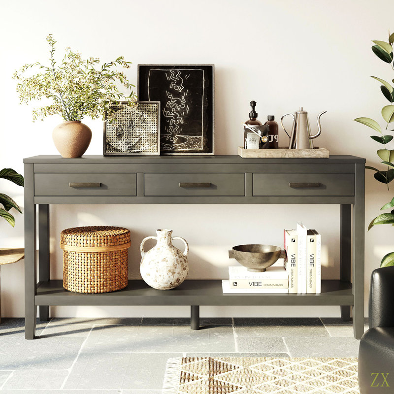 62.2'' Farmhouse Entryway Table With 3 Drawers, Painted Console Table With Bottom Shelf & Iron Handles, Minimalist Sofa Table For Living Room, Hallway, Kitchen, Bedroom, Office