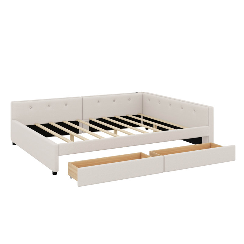 Lit plateforme tapissier avec port USB et 2 tiroirs, beige, Grand