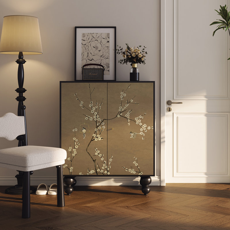 Armoire d'entrée en bois massif à motif floral, Noir