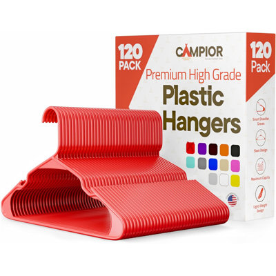 Cintres en plastique - Ensemble de cintres robustes, pour organiser les vêtements, les robes et le manteau, peut supporter jusqu'à 5 lb, cintres peu encombrants avec rainures d'épaule antidérapantes, paquet de 120, rouge