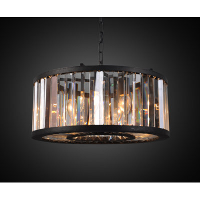 Industrial 6 Light Black Metal Crystal Drum Chandelier