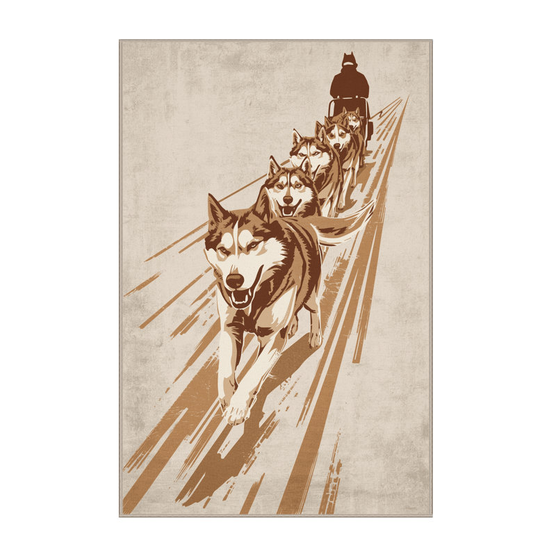 Soft Plush Eddy Dog Sled Team Rustic Area Rug in Beige – Beige Binding, 8x12