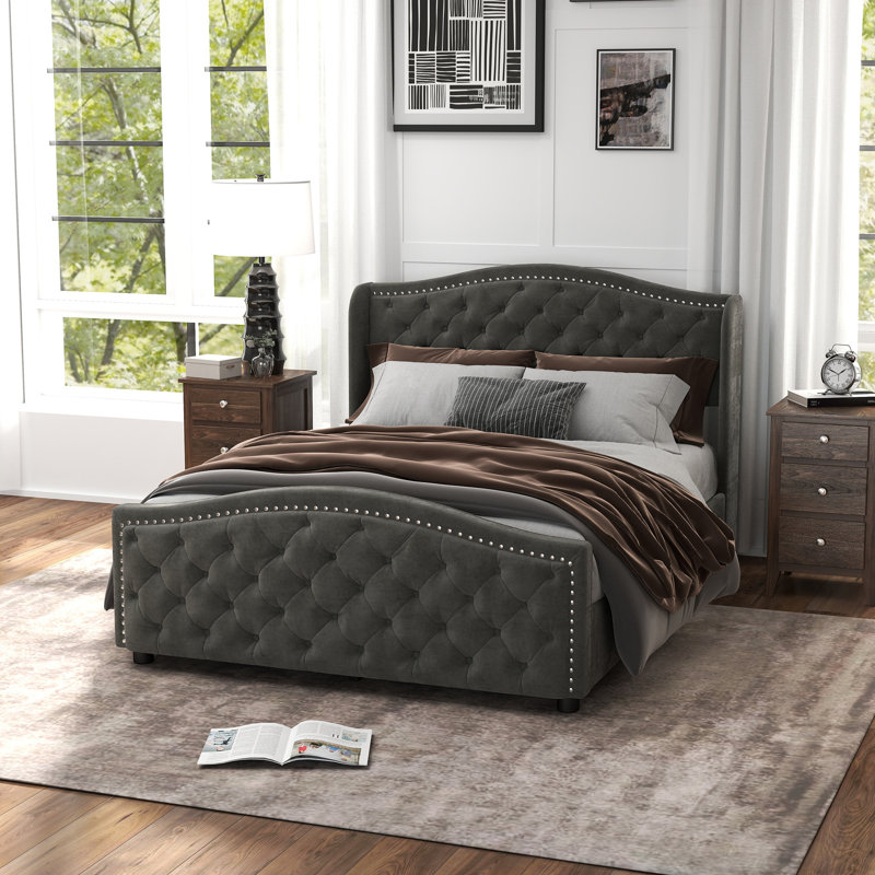 Kassaia Velvet Platform Bed with Tufted Headboard & Drawers
