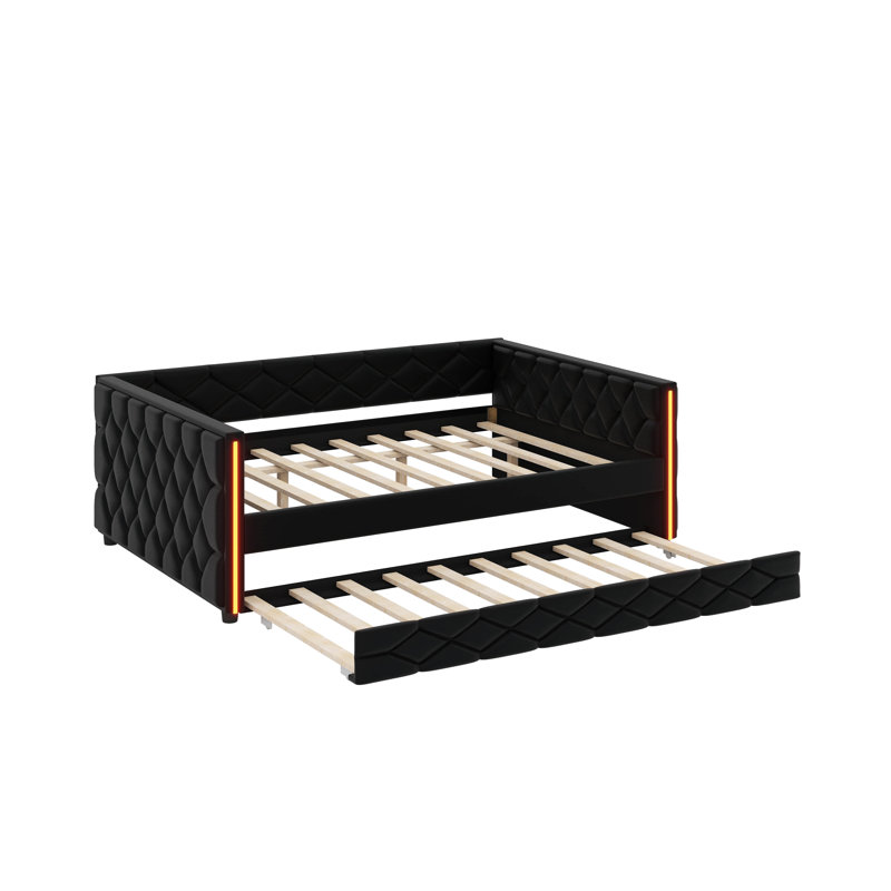 Full XL Size Upholstered Daybed With Trundle And LED, Black