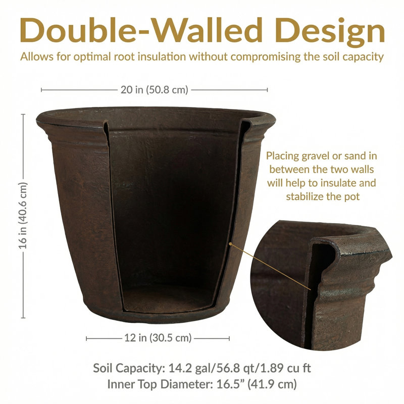 Anjelica Polyresin Large Round Outdoor Planter - 20" - Sable - Set of 2, Sable