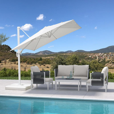 Ronak 9' Square Cantilever White Umbrella with Base and 360° Rotation