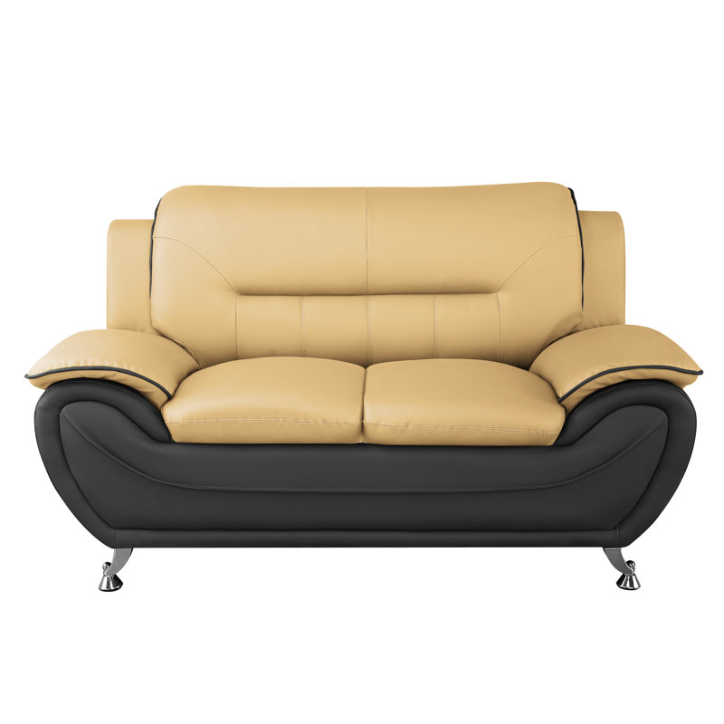 Segura Faux Leather Pillow top Arm Loveseat, Camel/Black Faux Leather, 35”H x 61.3”W x 34”D