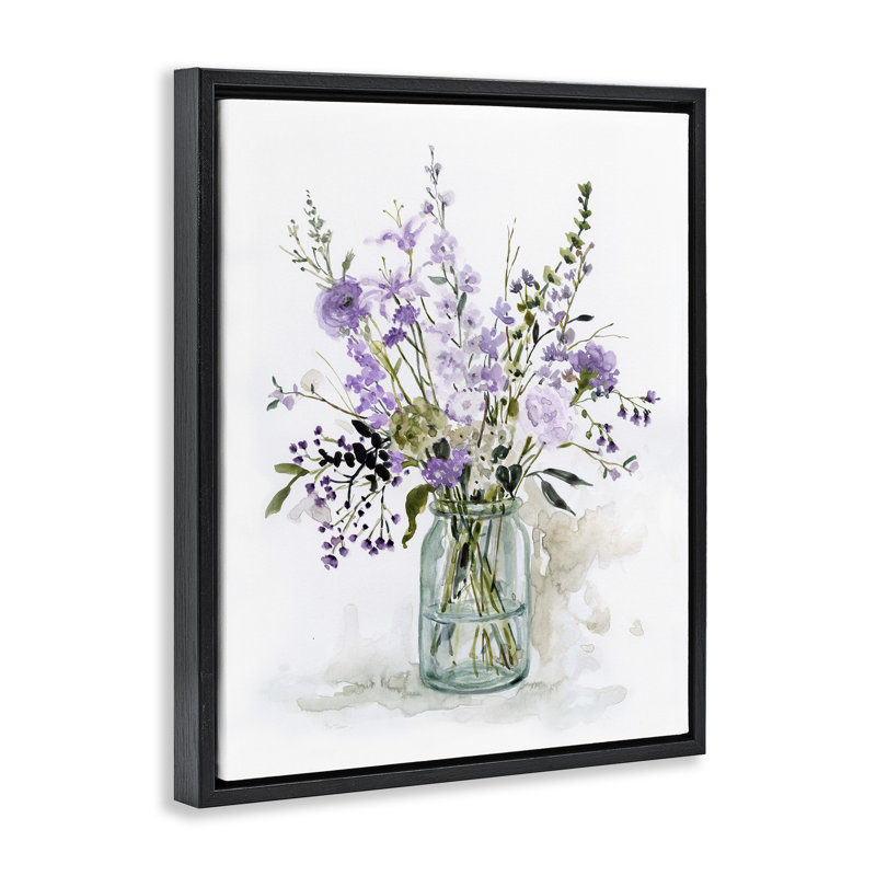 Botanique mauve traditionnel traditionnel, H 21 po x l 17 po, Cadre flottant noir de jais