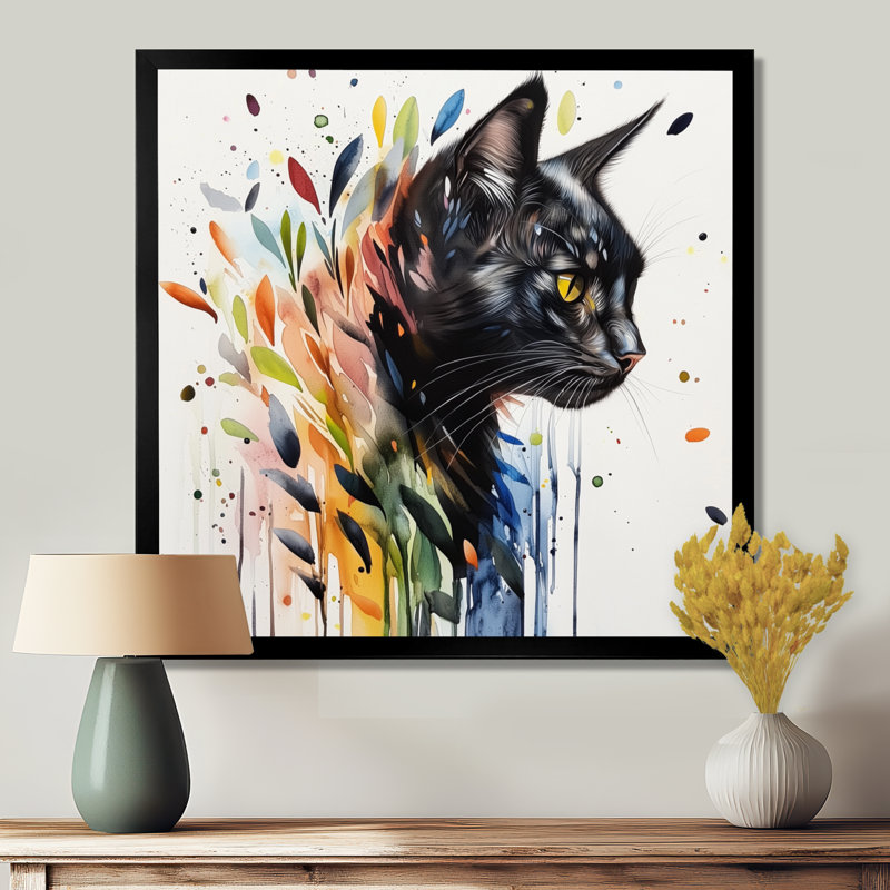 Portrait de chat botanique moderne, Reproduction encadrée, Noir, H 16 po x l 16 po
