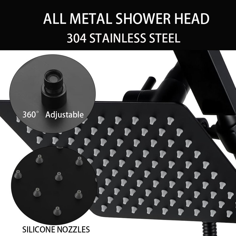 All Metal Shower Faucet Set, Square Shower Head， Handheld Shower Head，Hose, Black
