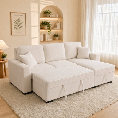 90.5" Chenille Reversible Sleeper With Storage Chaise, Cup Holders & USB/USB-C Charging Ports