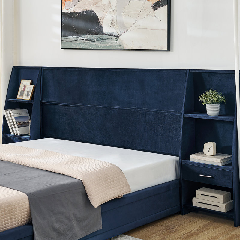 Base de lit plateforme avec rangement grand format moderne, tête de lit brillante avec bibliothèques latérales et tiroir, matelas exclu