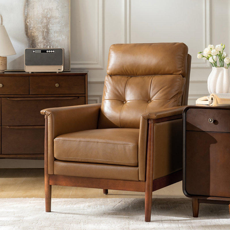 Outen Mid-Century Modern Genuine Leather Armchair with Solid Wood Armrests, Brown
