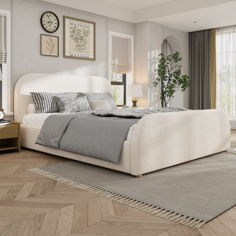 Modern Linen Upholstered Bed Frame with Heightened Footboard, Solid Wood Legs and Metal Frame (King), King