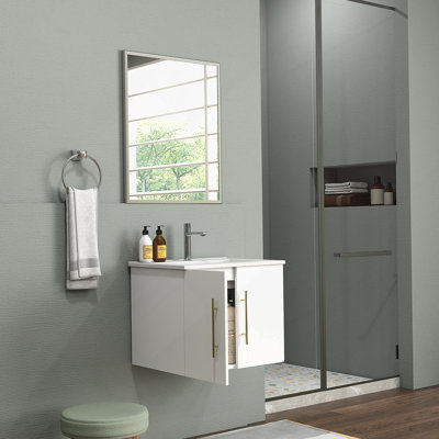 Meuble-lavabo mural avec lavabo et miroir, portes doubles, charnières à fermeture en douceur, lavabo en céramique, assemblage facile, poignées longues, rangement généreux