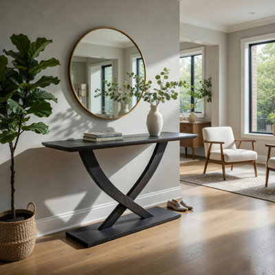 Console Kee, base piédestal à pieds croisés, bleu marine, 57 po