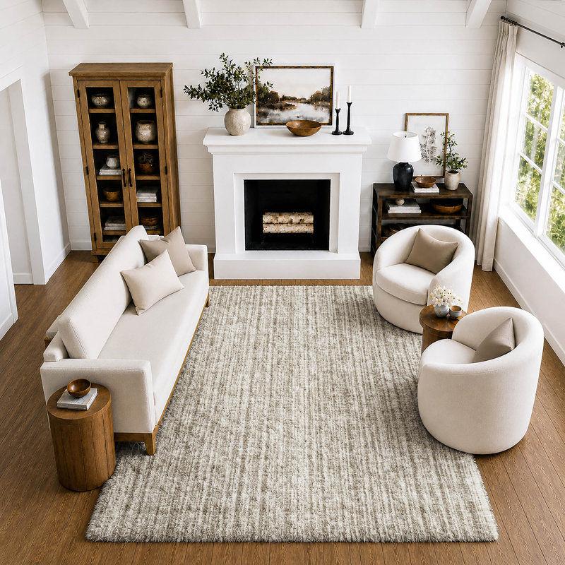 Tapis à rayures Shaggy Dream lavable à la machine de qualité supérieure, Taupe, 3 pi x 5 pi