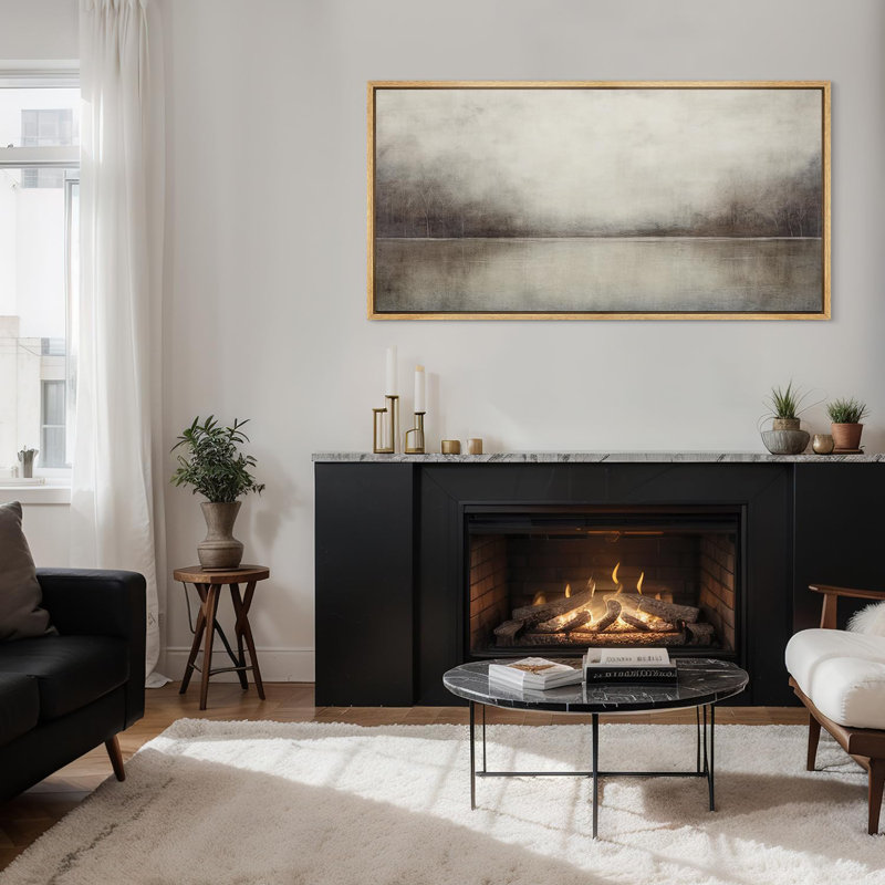 Minimal Landscape Tranquil Neutral Abstract Landscape Retro Moody Extra Large Framed Art Home Decor, 30" H x 60" W, Natural