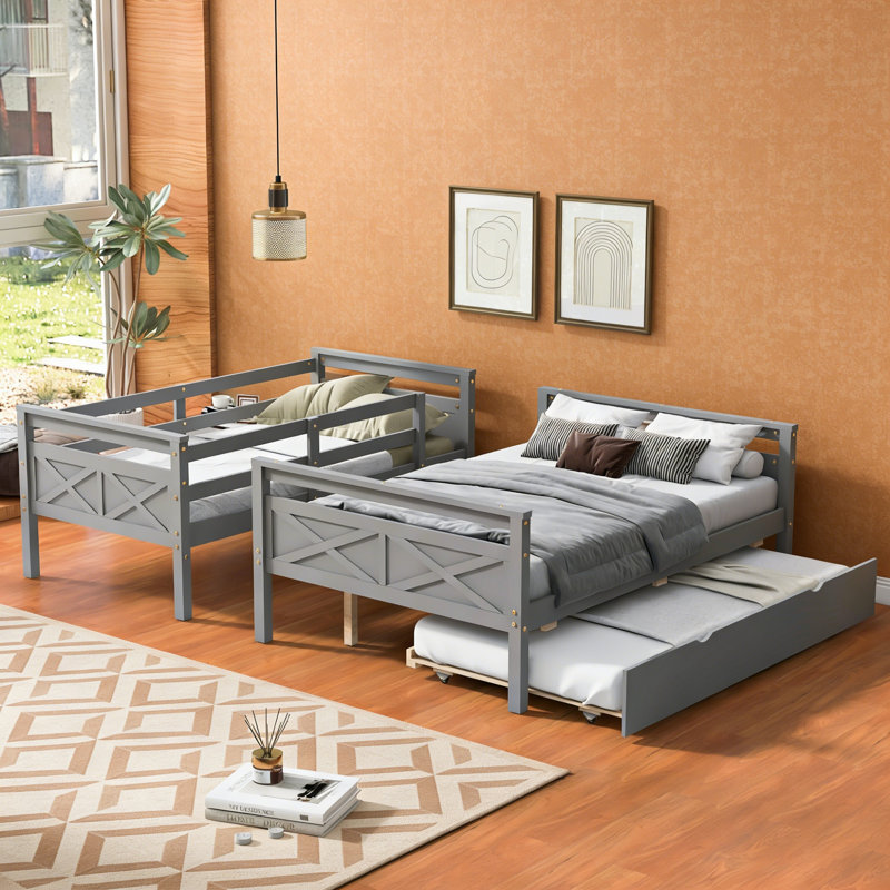 Twin Over Full Bunk Bed With Ladder, Twin Size Trundle, Safety Guardrail, Gray