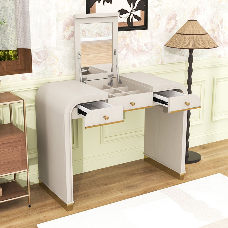 Wood Vanity Table with Flip-Up Mirror and Dual Drawers, Champagne