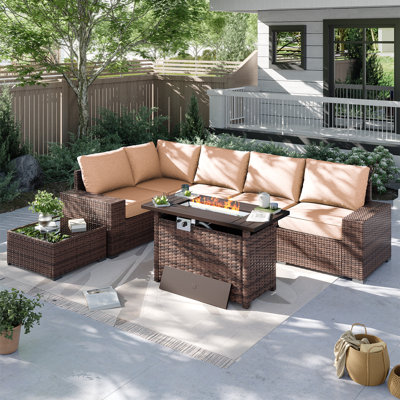 7-pieces Patio Furniture Set With 44" Propane Gas Fire Pit Table by Latitude Run