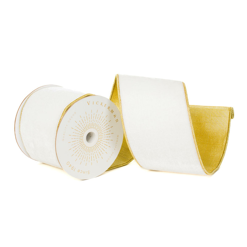 Vickerman 4"X10 Yds Shiny Velvet with Gold Trim/Backing Ribbon., Ivory