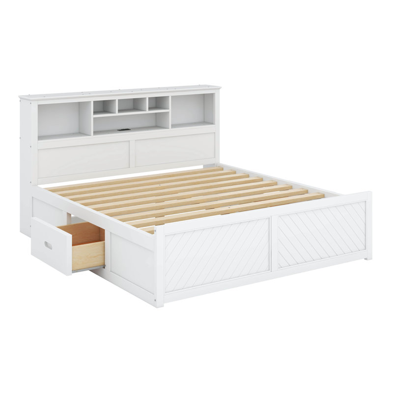 King Two Drawers Wood Platform Bed with Storage Shelves and USB, White