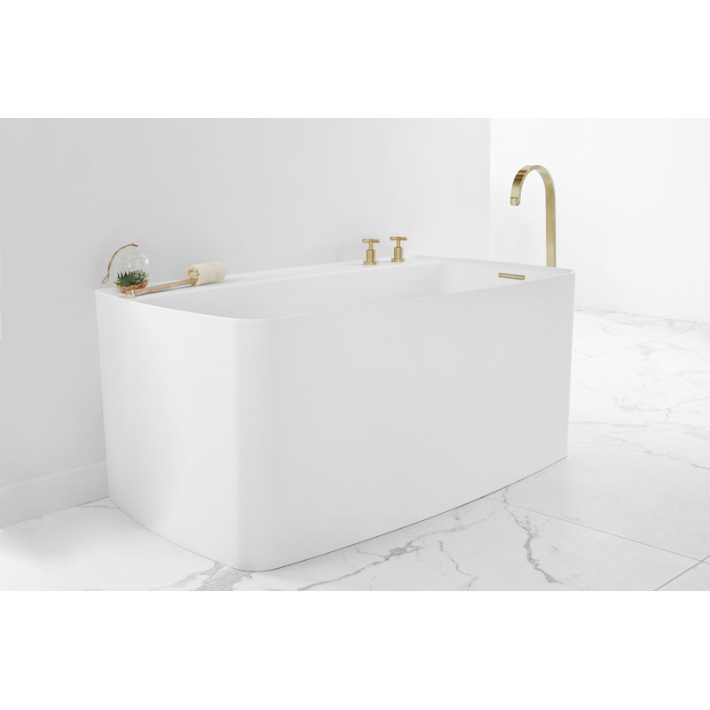 Lab 59.5'' x 31.5'' Soaking Solid Surface Bathtub, White True High Gloss, Satin Brass