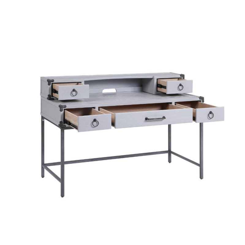 Gray Wood Writing Desk with Drawers and Metal Legs