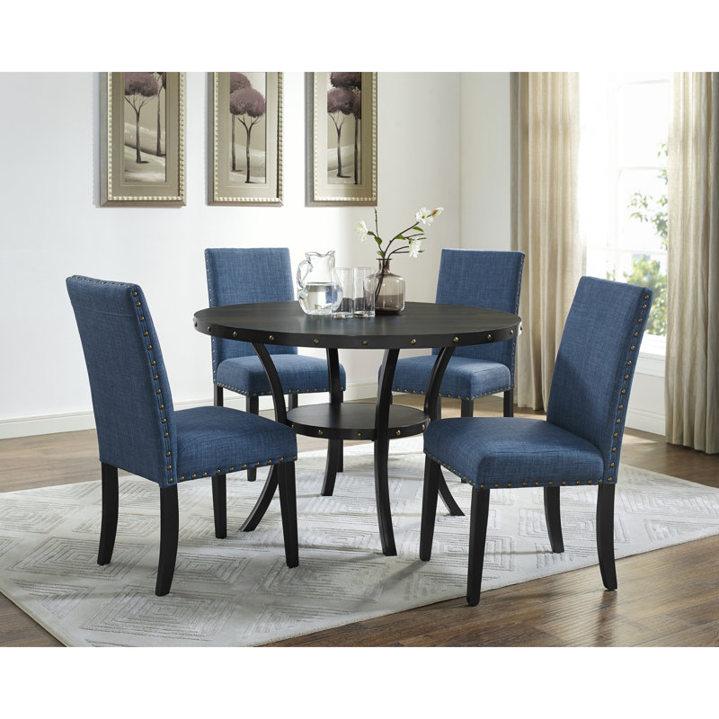 Biony Espresso Wood Dining Set With Blue Fabric Nailhead Chairs, Blue