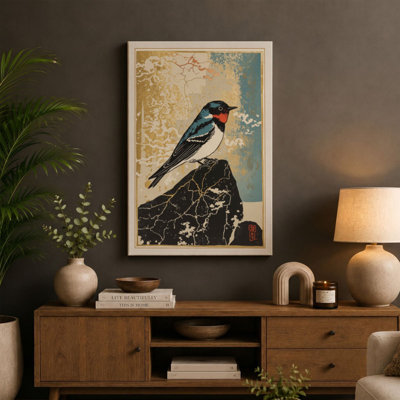 Red-Faced Bird on Wood Japandi - Wrapped Canvas, 30x20 - 76.2 x 50.8 cm, White Border