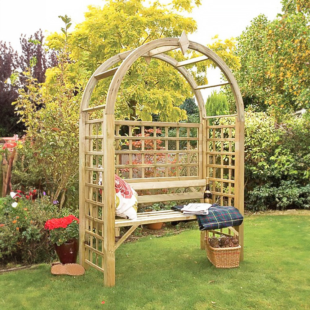 B&Q - Montebello Contemporary Outdoor Garden Wooden Arbour 213.8 X 142 X 60Cm Decorative Bow Top Pressure Treated Timber With Seat - Image 3